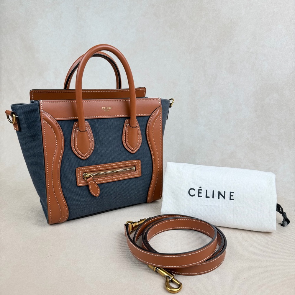 Celine Nano Luggage 2Way Blue Canvas (Denim-Style) Tan Leather Crossbody Bag